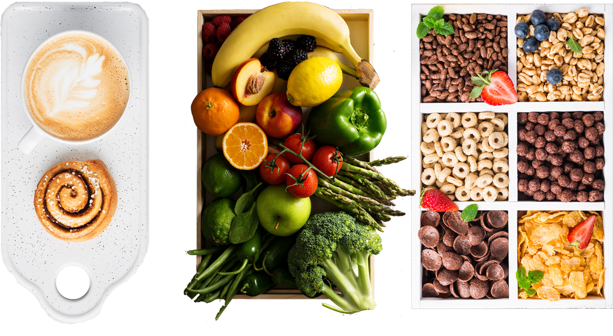 Coffee and a pastry, fruit in a box, and segmented snacks